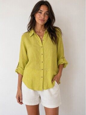 Jasmine 100% Linen Button Front Shirt Lime Green Roll Tab Sleeve Blouse XXL Boho